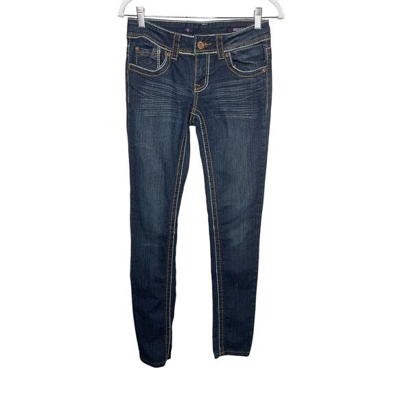 Vigold Skinny Jeans Whiskered Low Rise Buttoned Flap Back Pockets Blue Size 26 - Picture 2 of 12